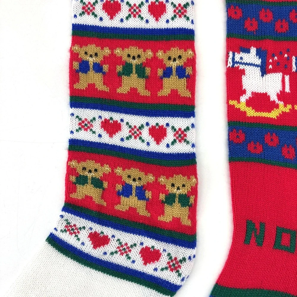 VTG Christmas Stocking LOT Kurt Adler Knit Hearts & Bears &‎ NOEL Rocking Horse
